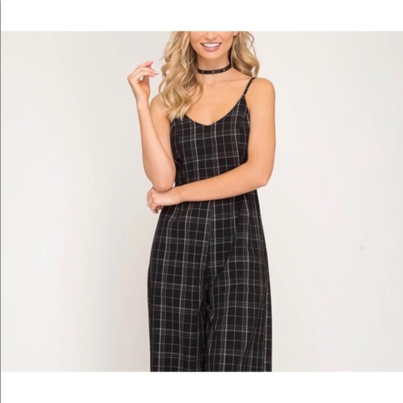 TARTAN LINED JUMPSUIT WIDE LEG ADJUSTABLE  BOW IN BACK - Picture 7 of 10